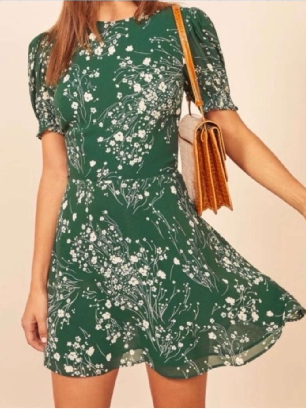 Reformation Doutzen Green Floral Short Puff-Sleeve Mini Dress